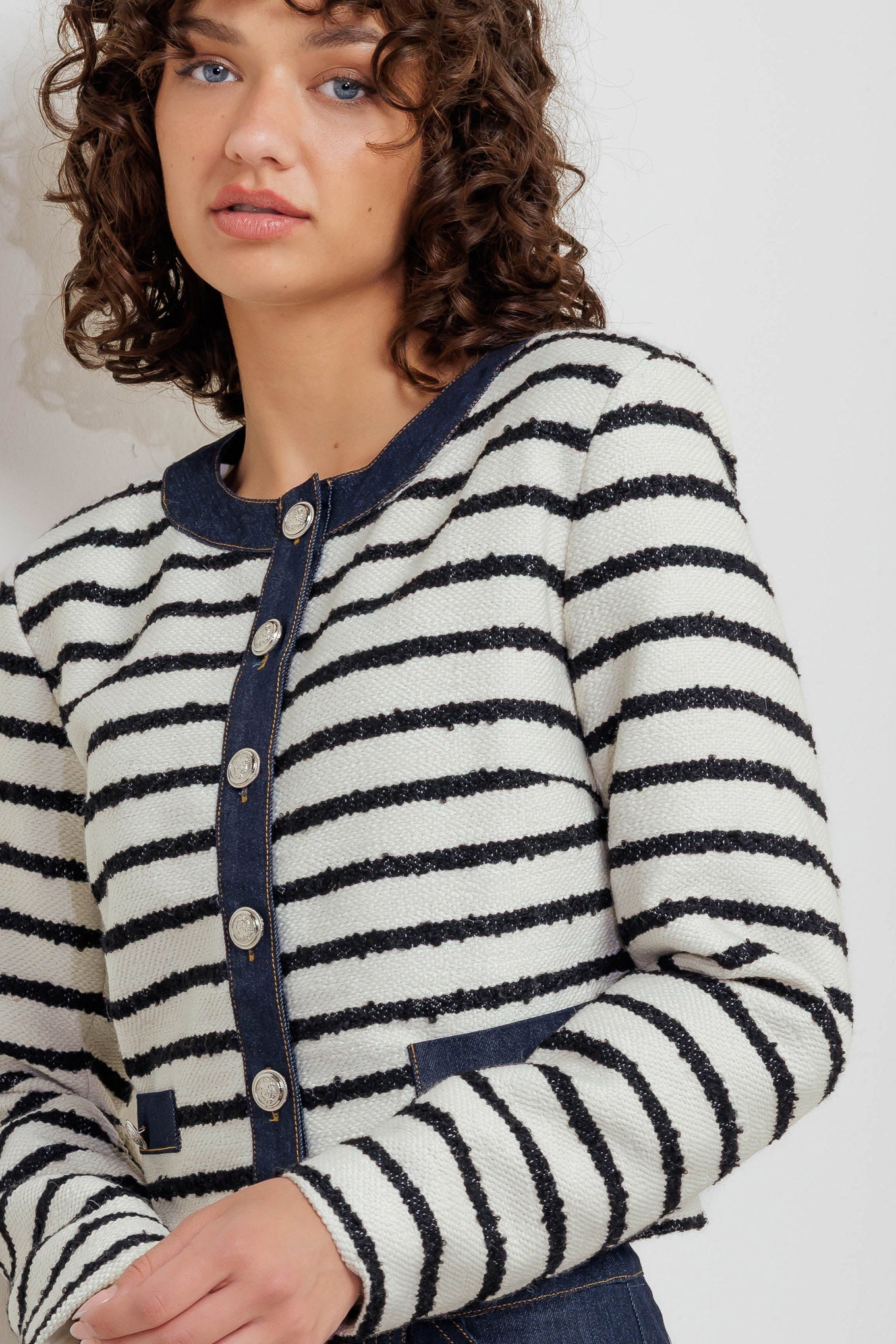 BONJOUR STRIPE WOVEN CROP JACKET - MaraFormigone
