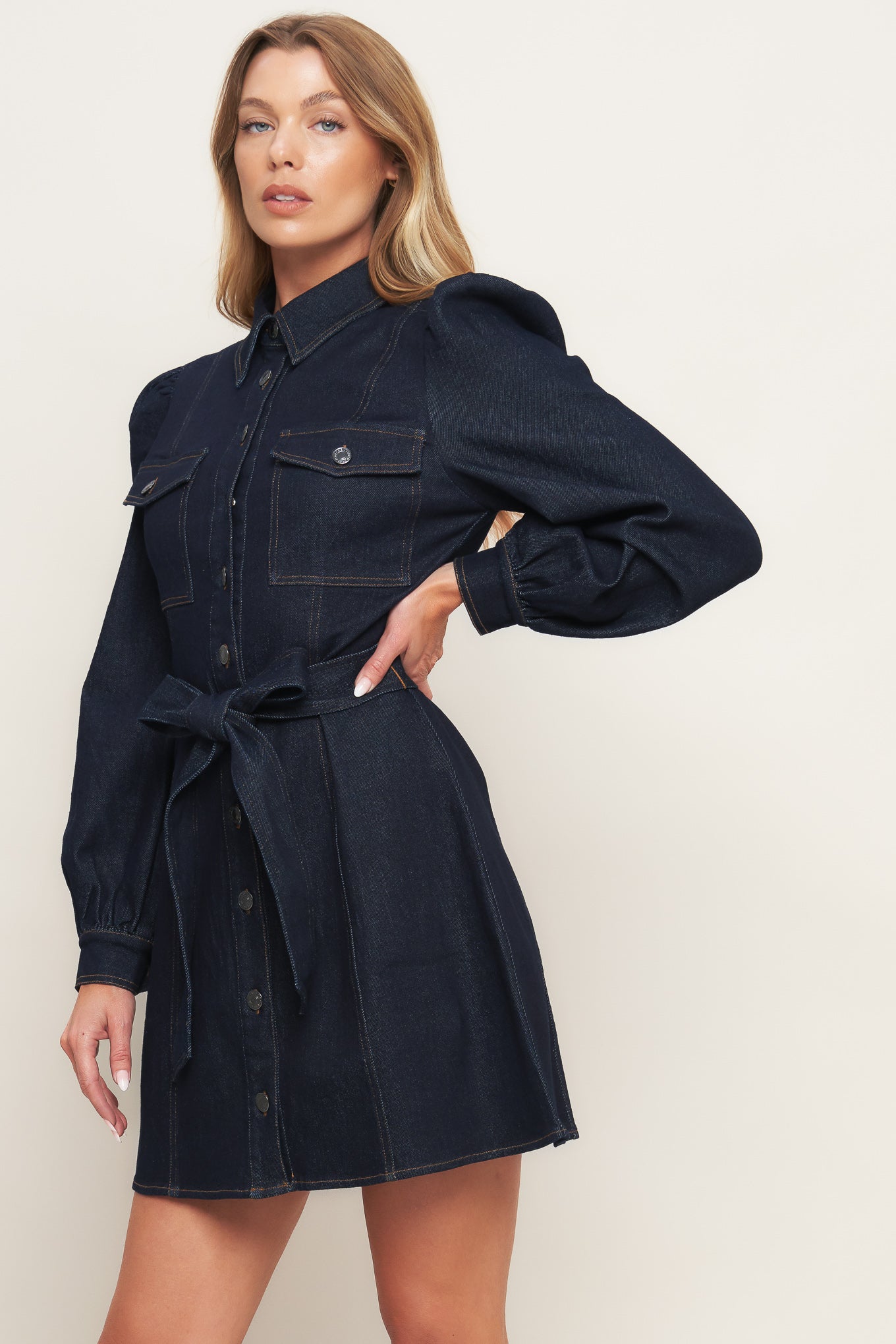 HOLIDAY DARK INDIGO DENIM MINI DRESS - MaraFormigone