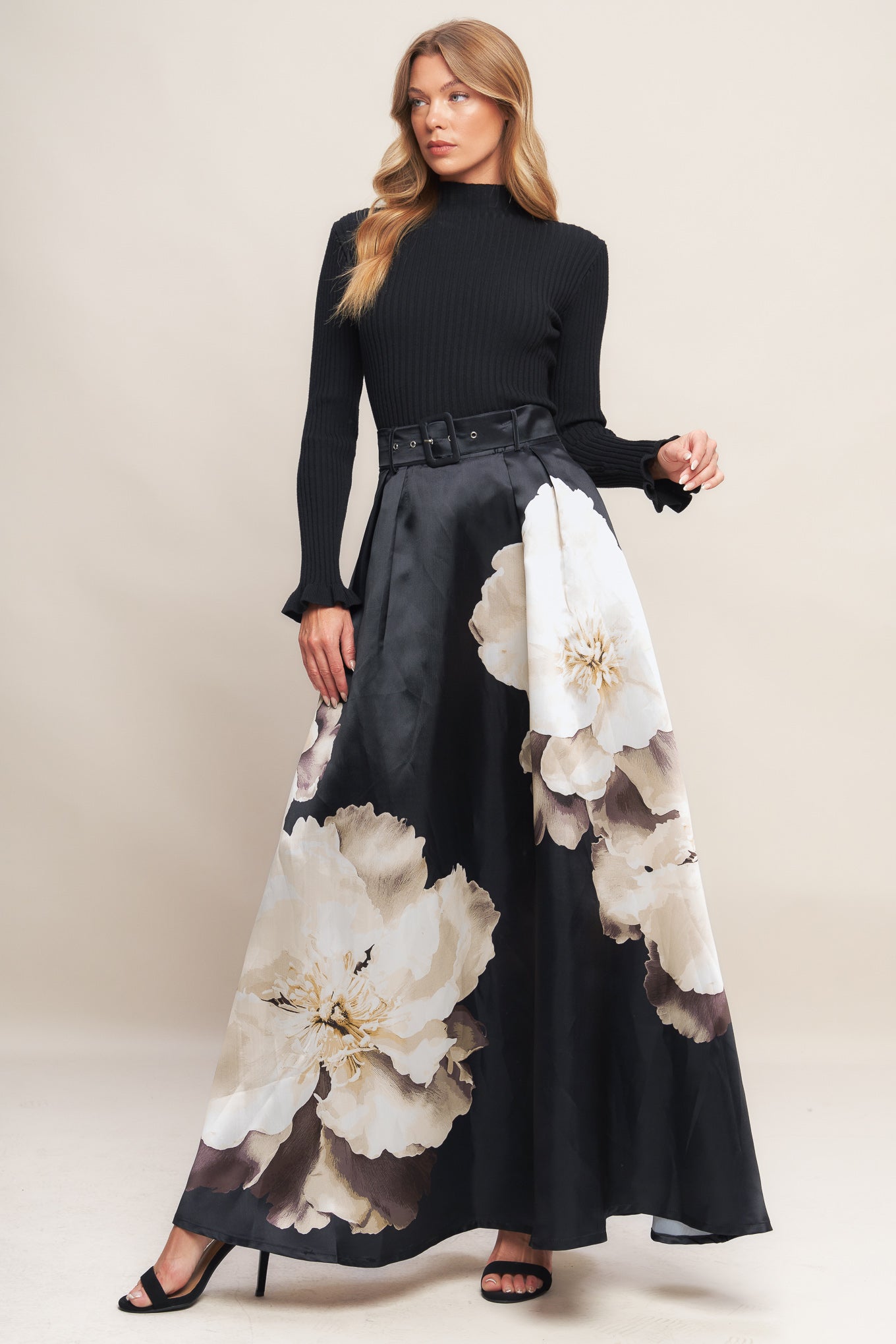 MIDNIGHT BLOOM BELTED WOVEN MAXI SKIRT - MaraFormigone