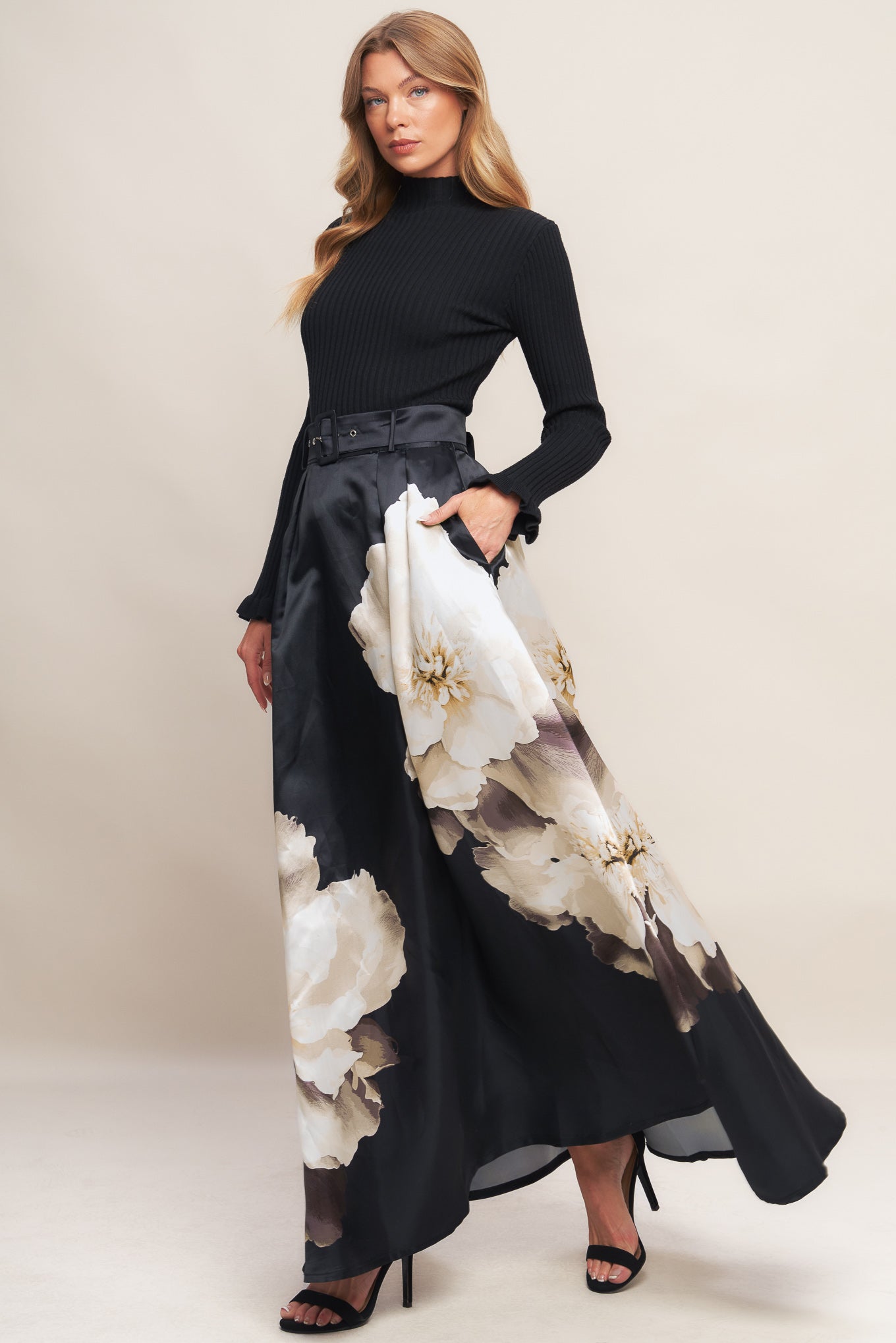 MIDNIGHT BLOOM BELTED WOVEN MAXI SKIRT - MaraFormigone