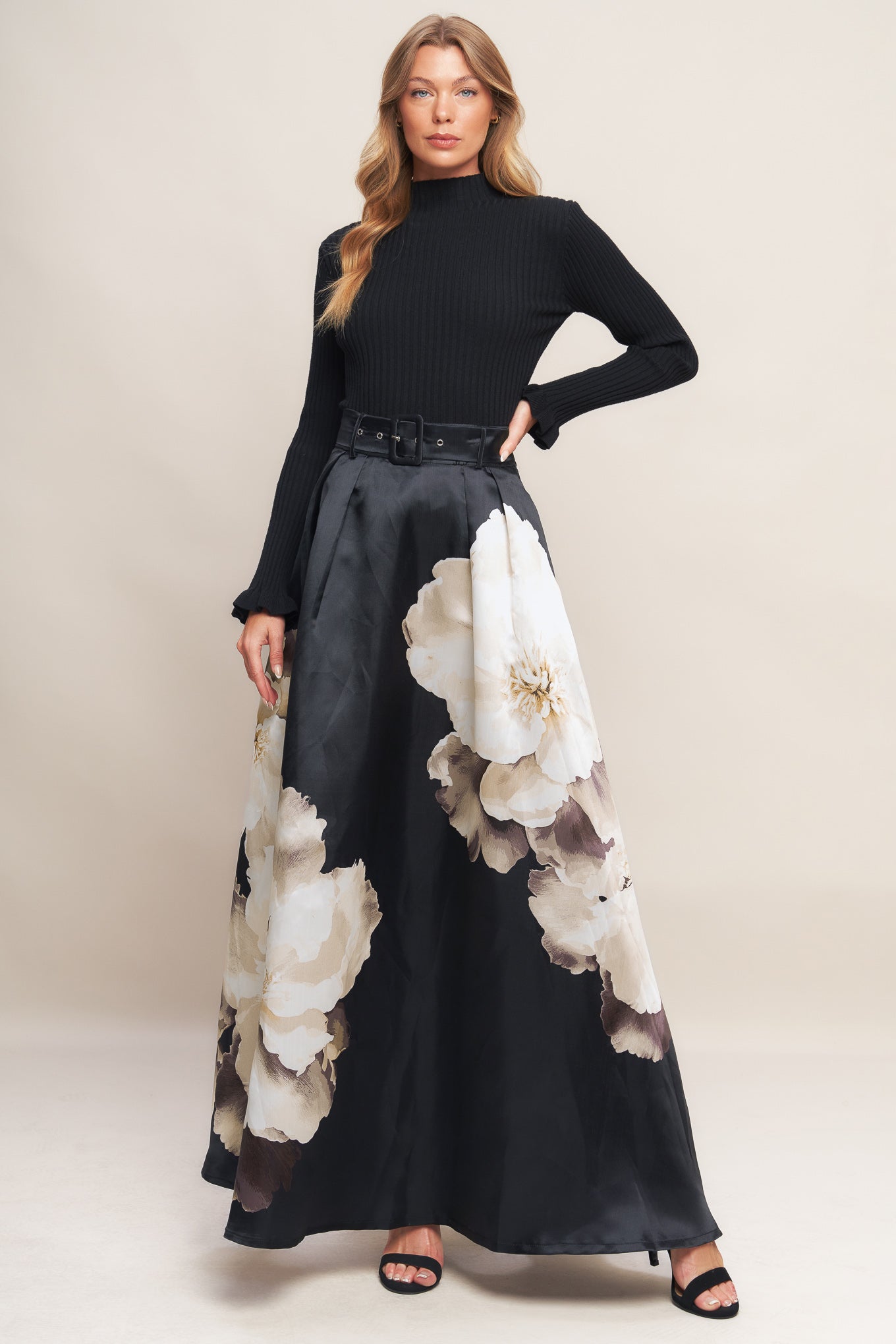 MIDNIGHT BLOOM BELTED WOVEN MAXI SKIRT - MaraFormigone