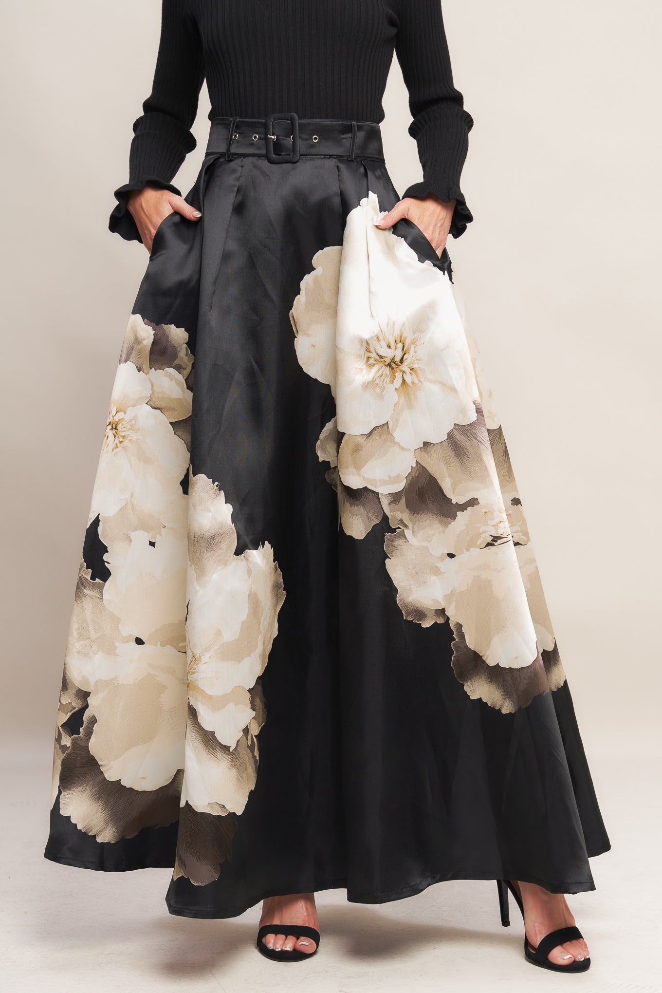 MIDNIGHT BLOOM BELTED WOVEN MAXI SKIRT - MaraFormigone