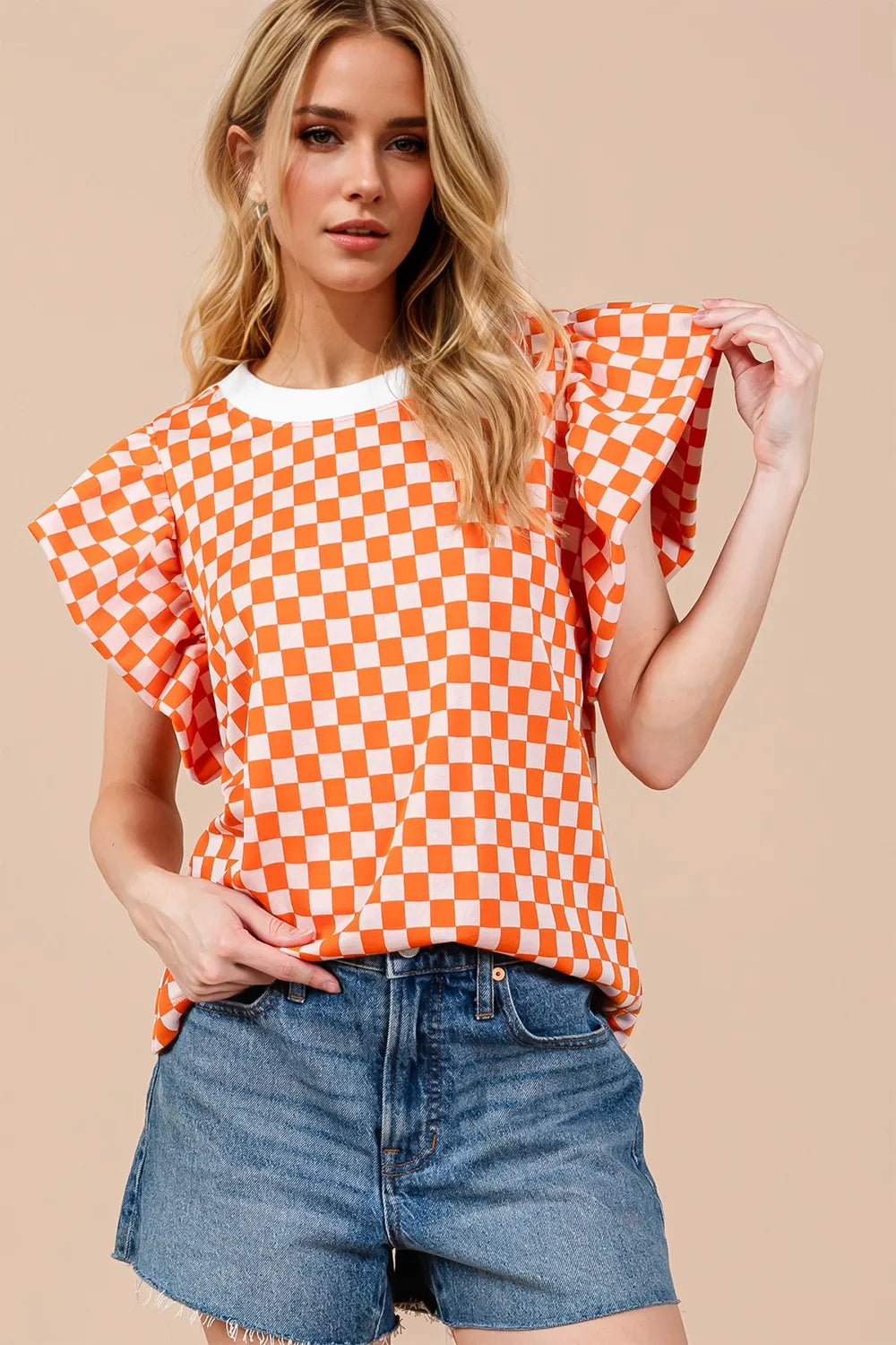 Oh Checkered Round Neck Puff Sleeve Blouse.