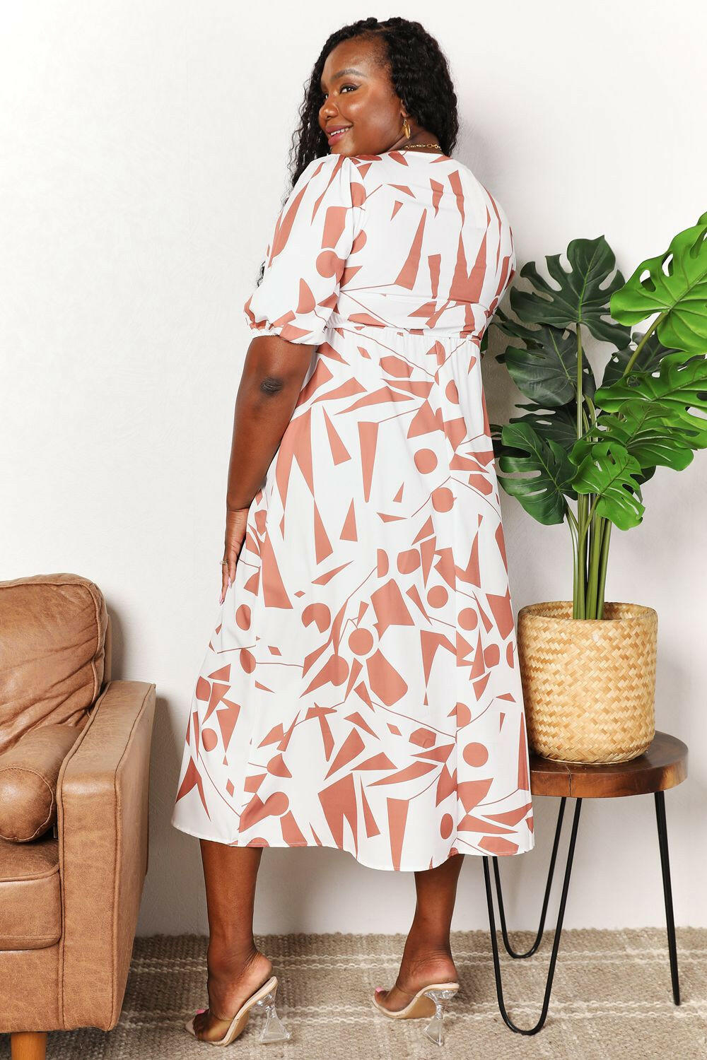 Double Take Printed Surplice Balloon Sleeve Dress.