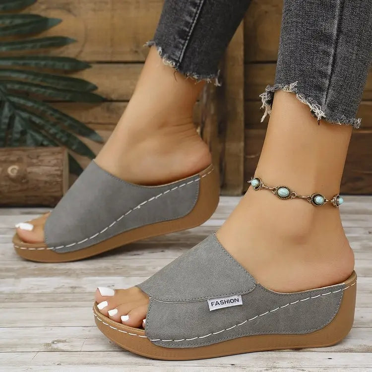Summer Wedge Slides Slippers Fashion Fish Mouth Thick Bottom Roman Shoes Solid Color Beach Sandals For Women - MaraFormigone