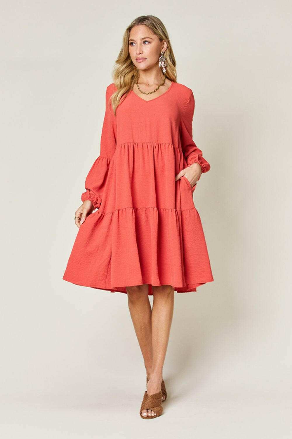 Double Take Full Size V-Neck Balloon Sleeve Tiered Dress - MaraFormigone