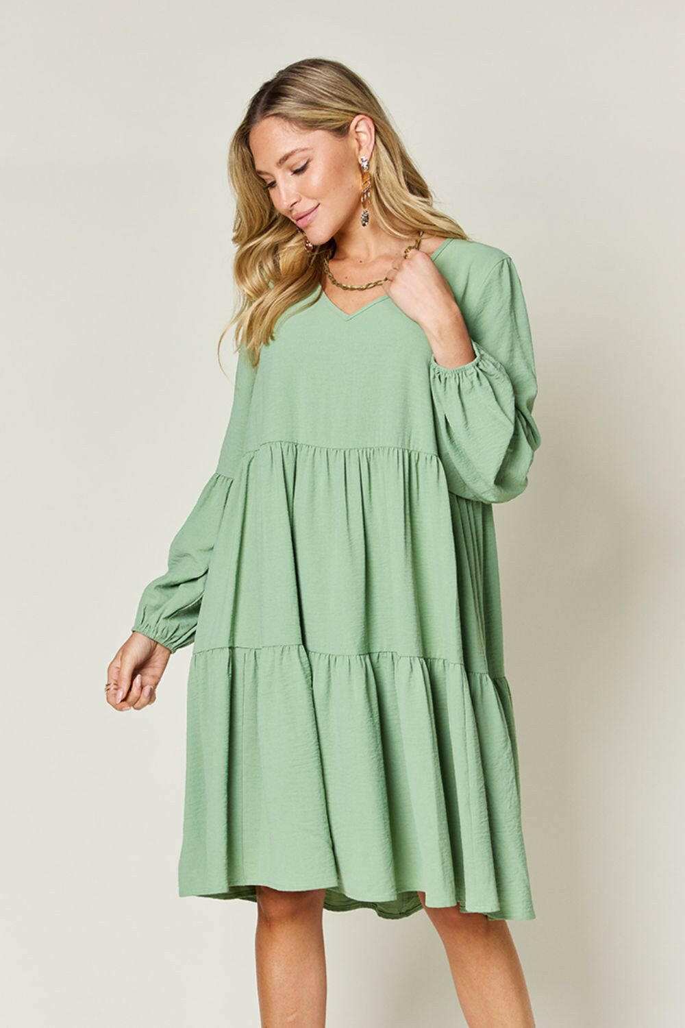 Double Take Full Size V-Neck Balloon Sleeve Tiered Dress.