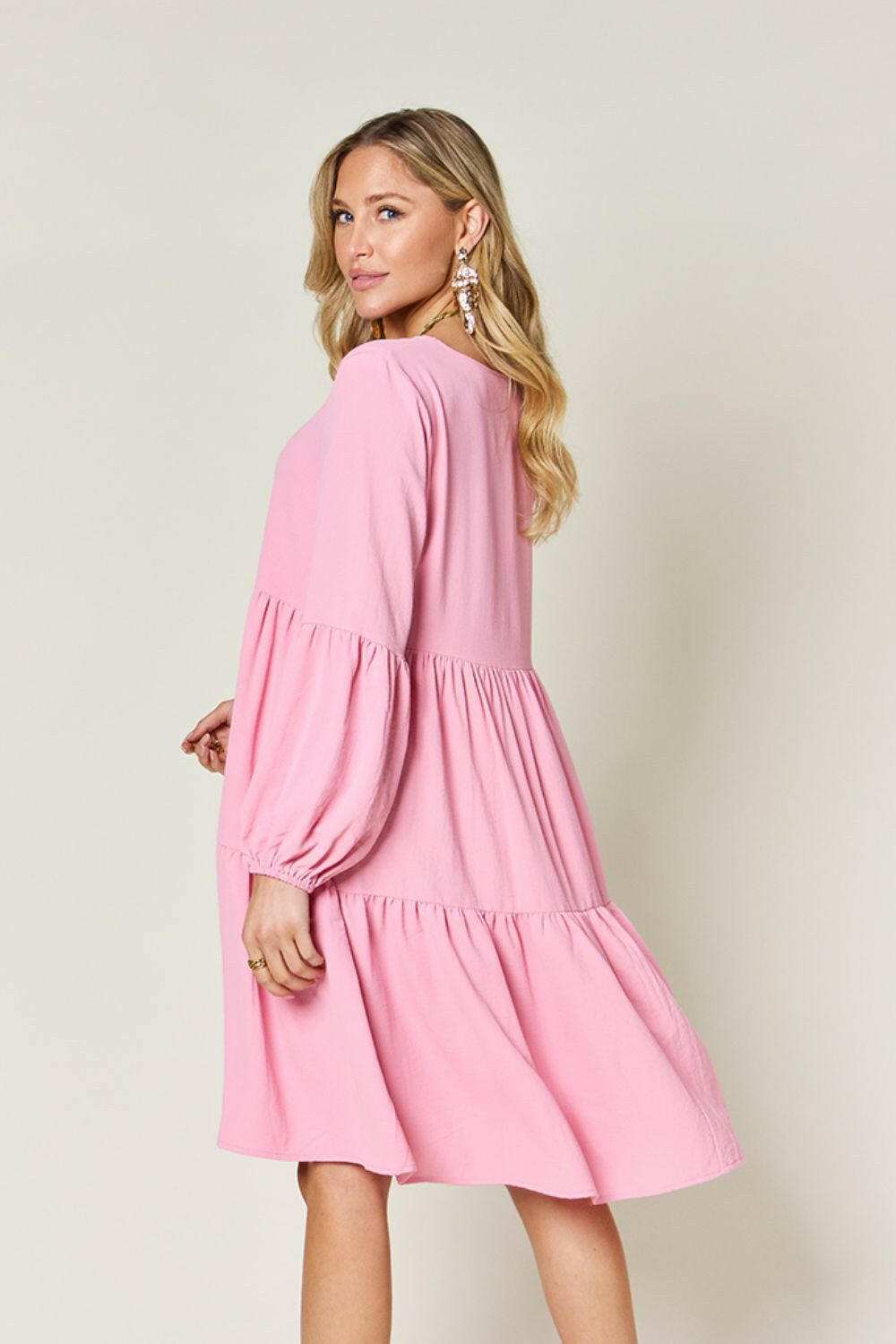 Double Take Full Size V-Neck Balloon Sleeve Tiered Dress.