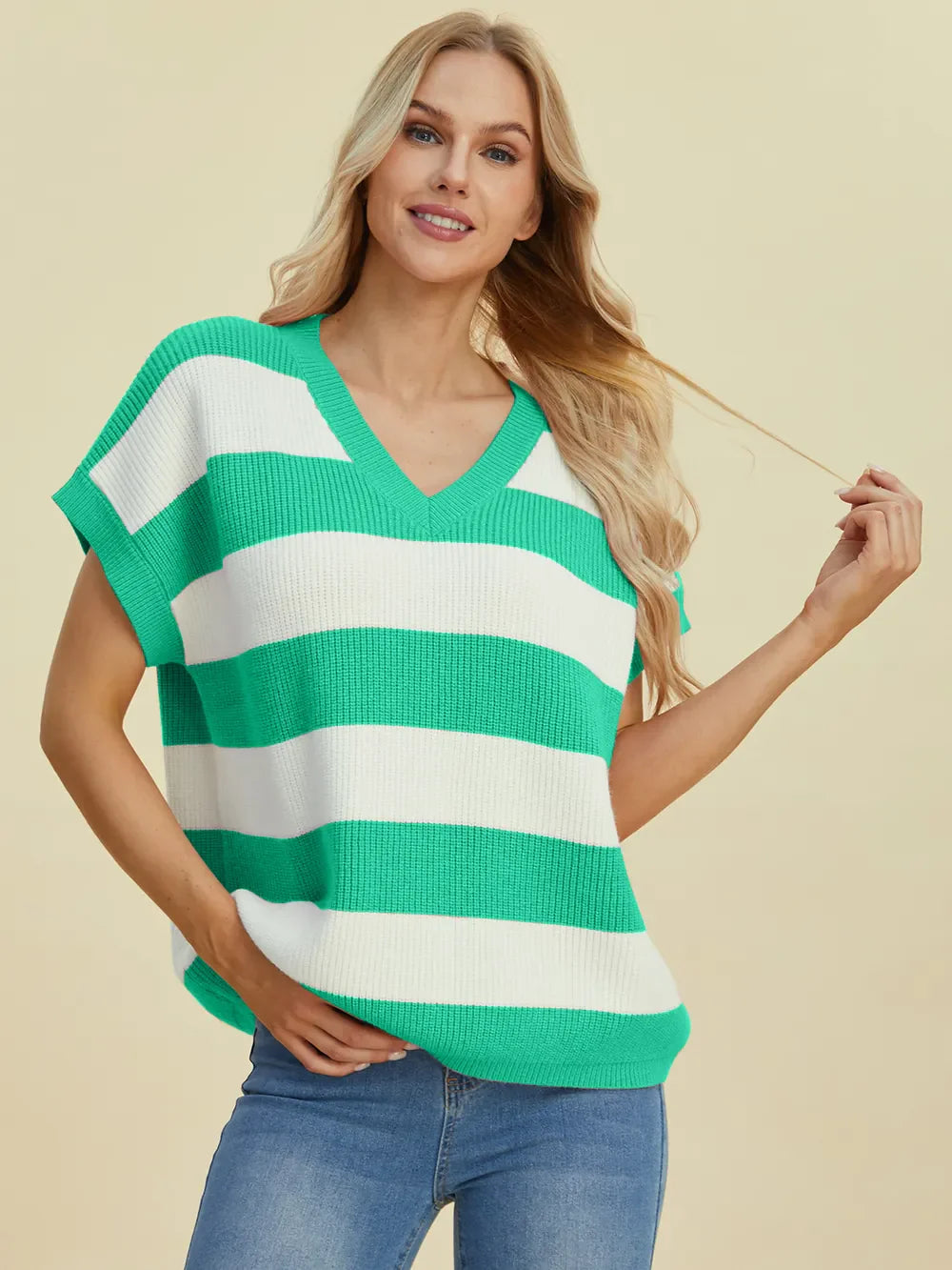 Double Take Full Size Striped V-Neck Short Sleeve Sweater - MaraFormigone