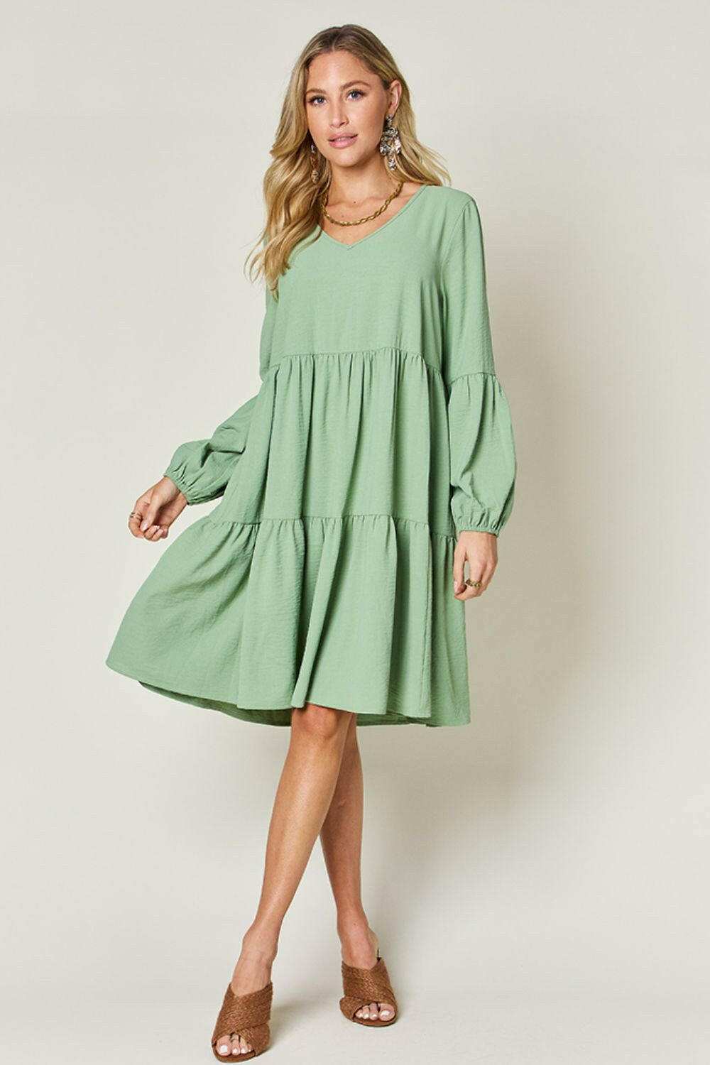 Double Take Full Size V-Neck Balloon Sleeve Tiered Dress.