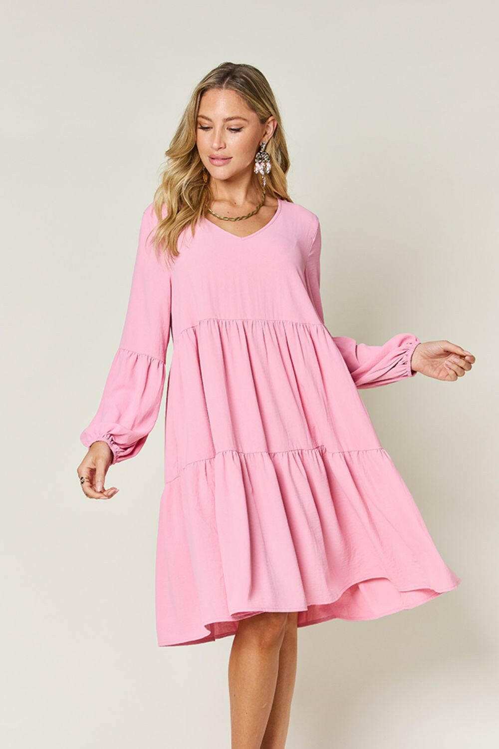 Double Take Full Size V-Neck Balloon Sleeve Tiered Dress.