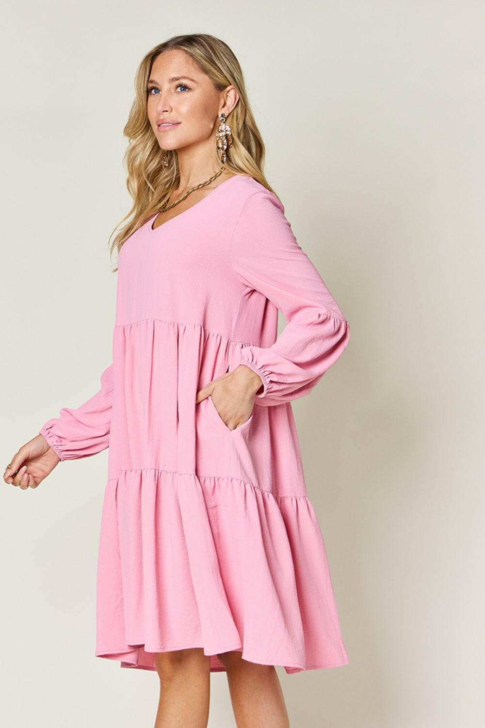 Double Take Full Size V-Neck Balloon Sleeve Tiered Dress.