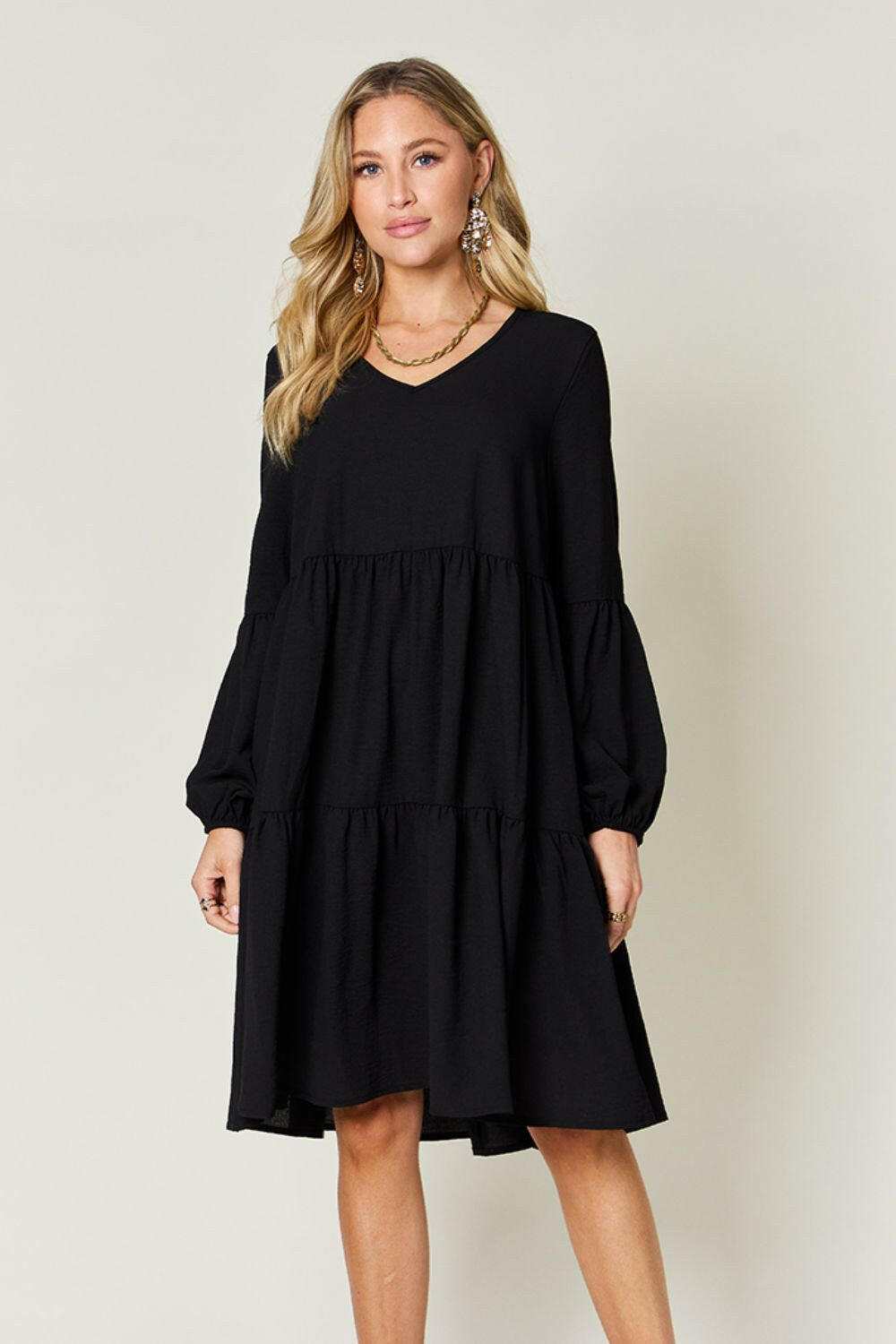 Double Take Full Size V-Neck Balloon Sleeve Tiered Dress.