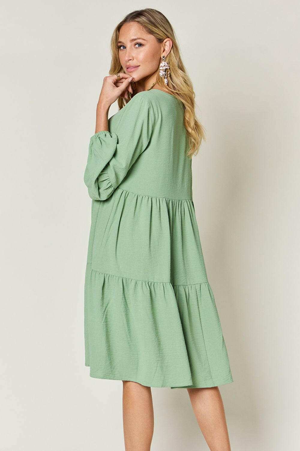 Double Take Full Size V-Neck Balloon Sleeve Tiered Dress.