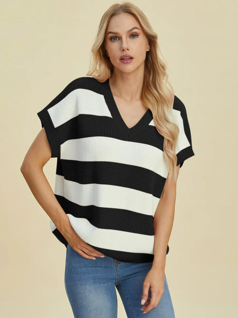 Double Take Full Size Striped V-Neck Short Sleeve Sweater.