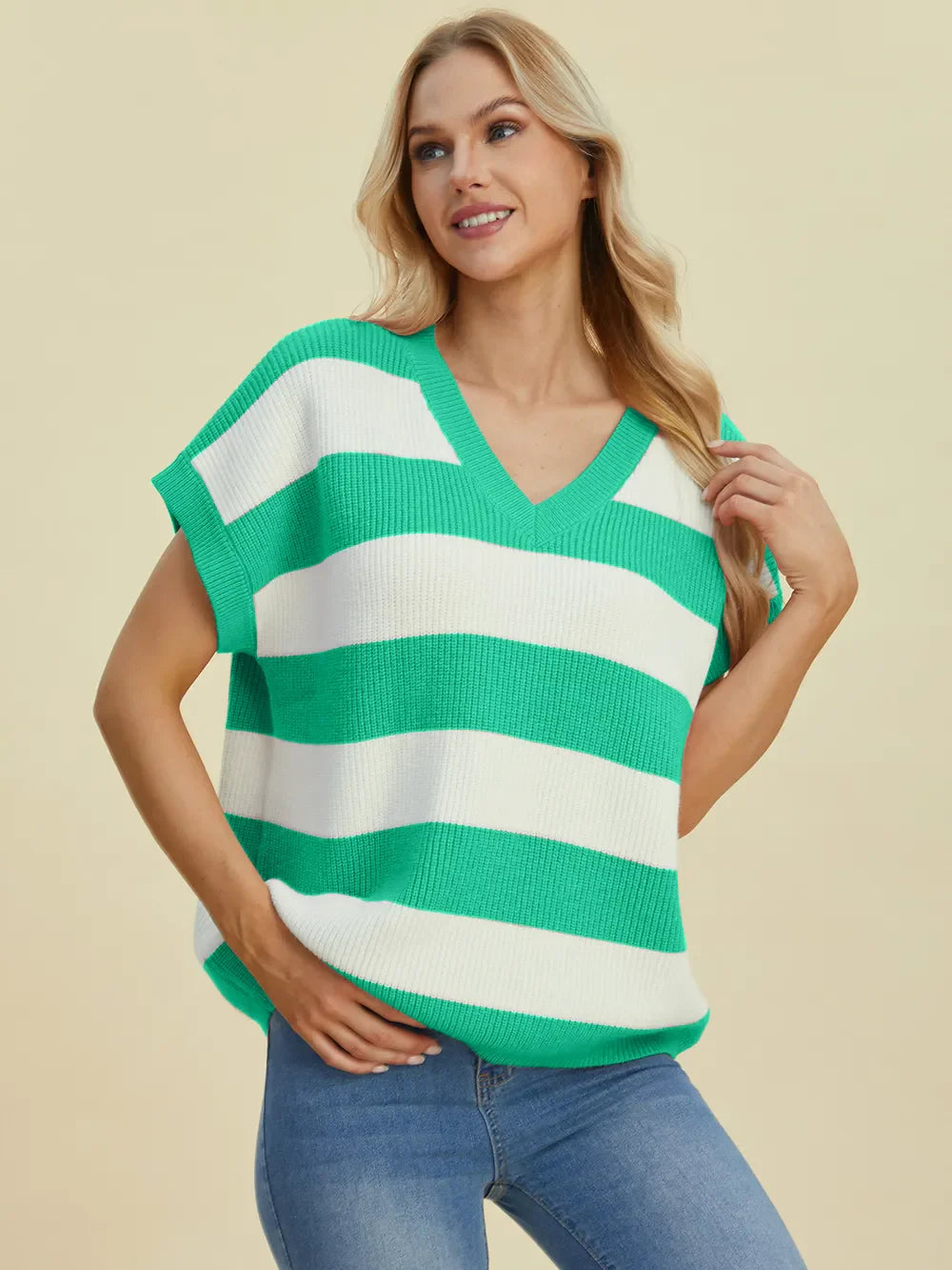 Double Take Full Size Striped V-Neck Short Sleeve Sweater - MaraFormigone