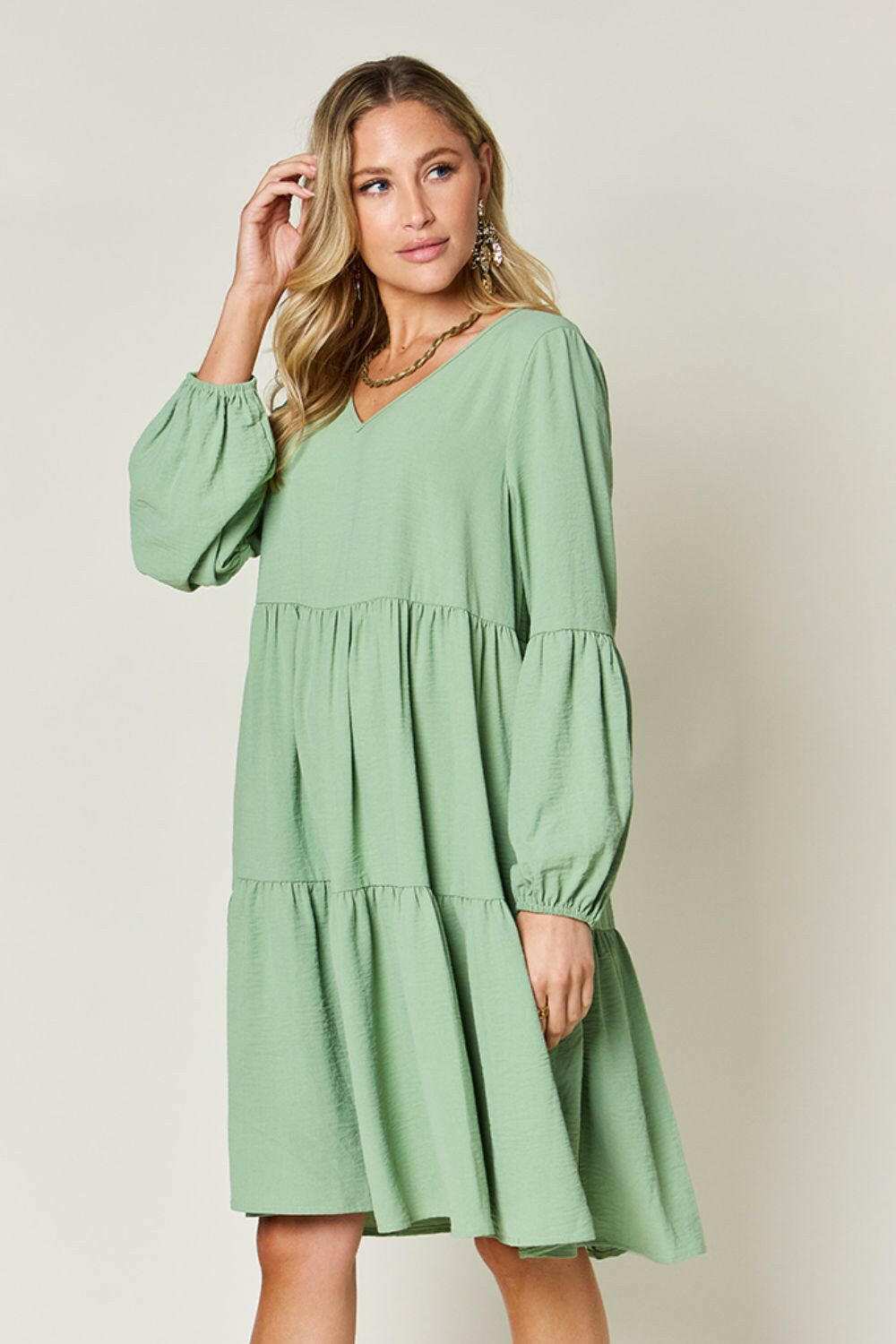 Double Take Full Size V-Neck Balloon Sleeve Tiered Dress.