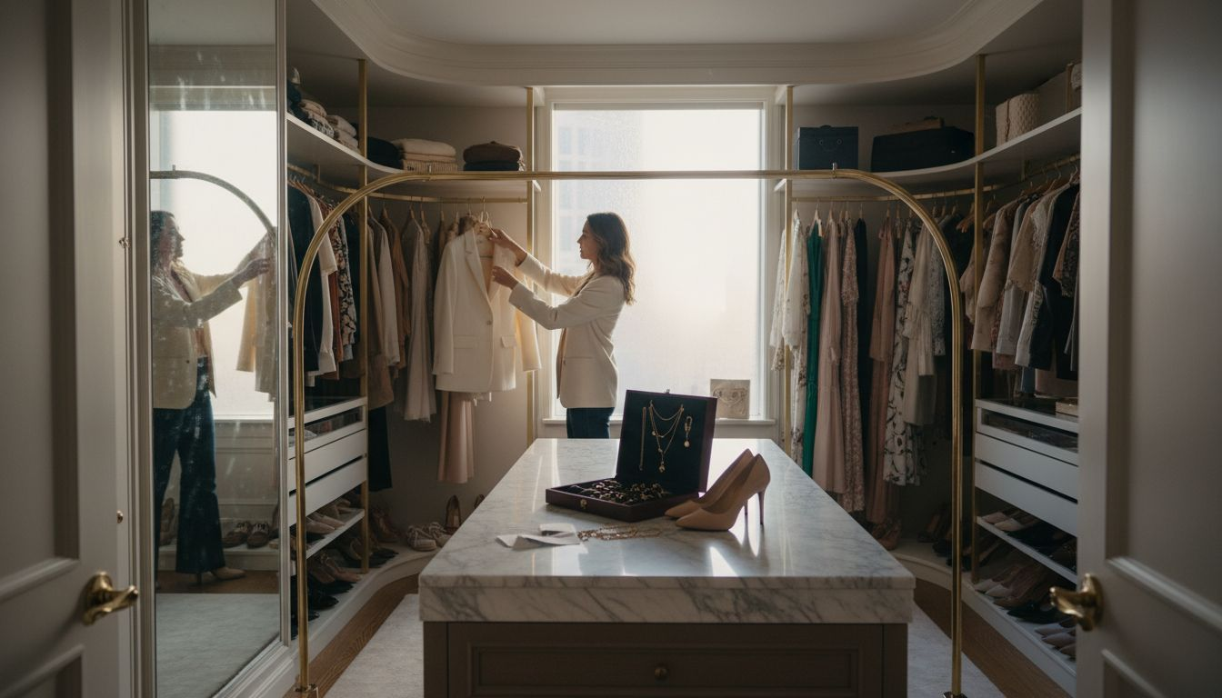 Woman planning outfit in luxury closet