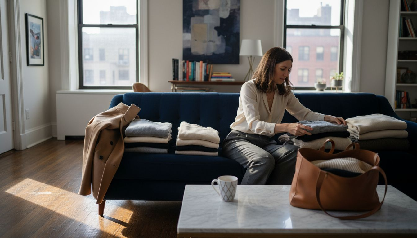 Woman sorting seasonal luxury wardrobe