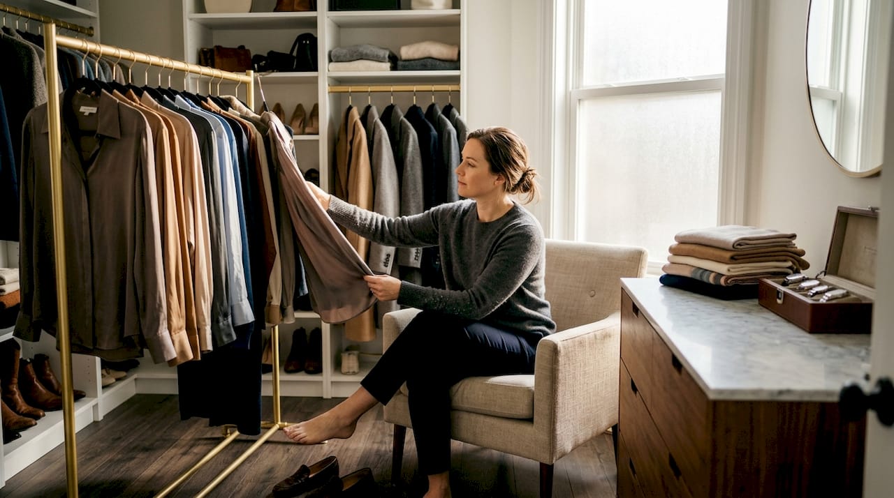 Woman reviewing luxury wardrobe in closet