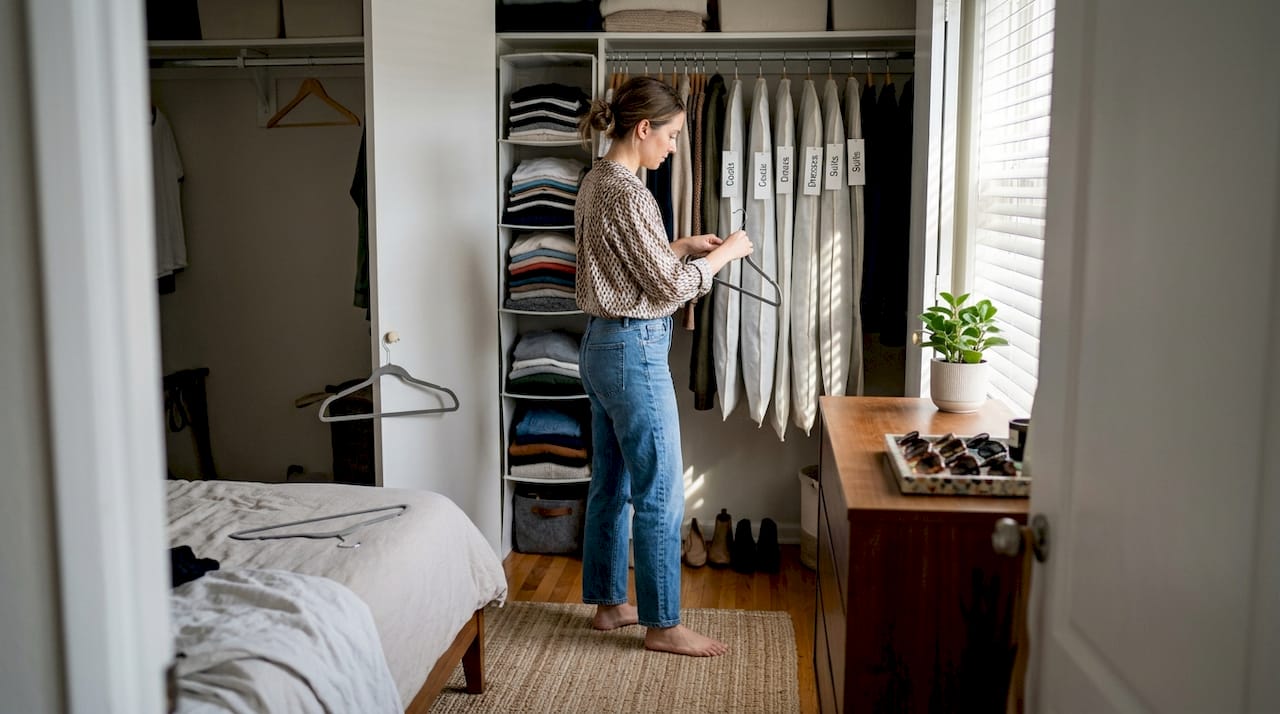 Woman organizes wardrobe mixing designer and basics