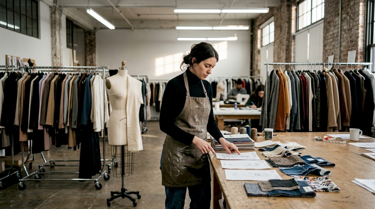 Designer reviewing fashion silhouette sketches in studio
