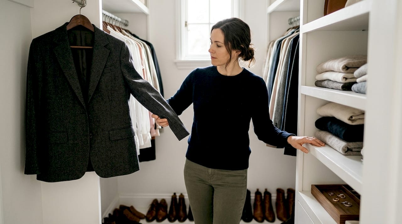 Woman inspecting blazer in home wardrobe
