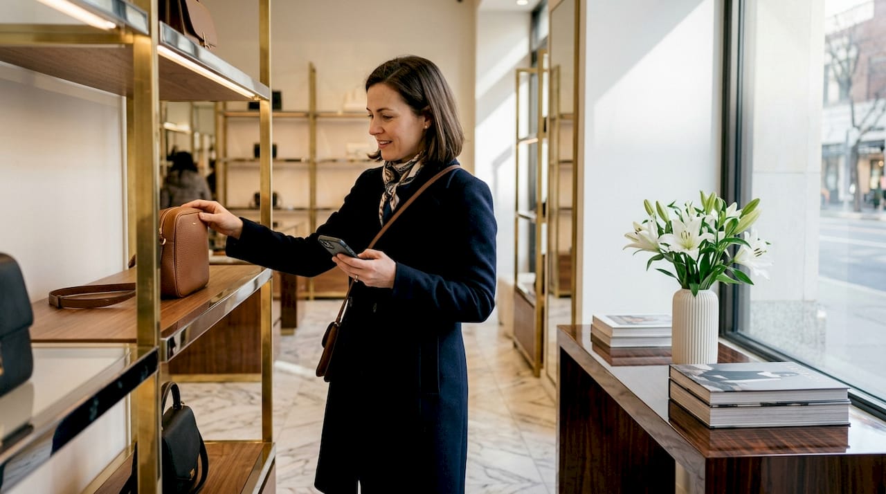 Woman browsing luxury handbags in boutique