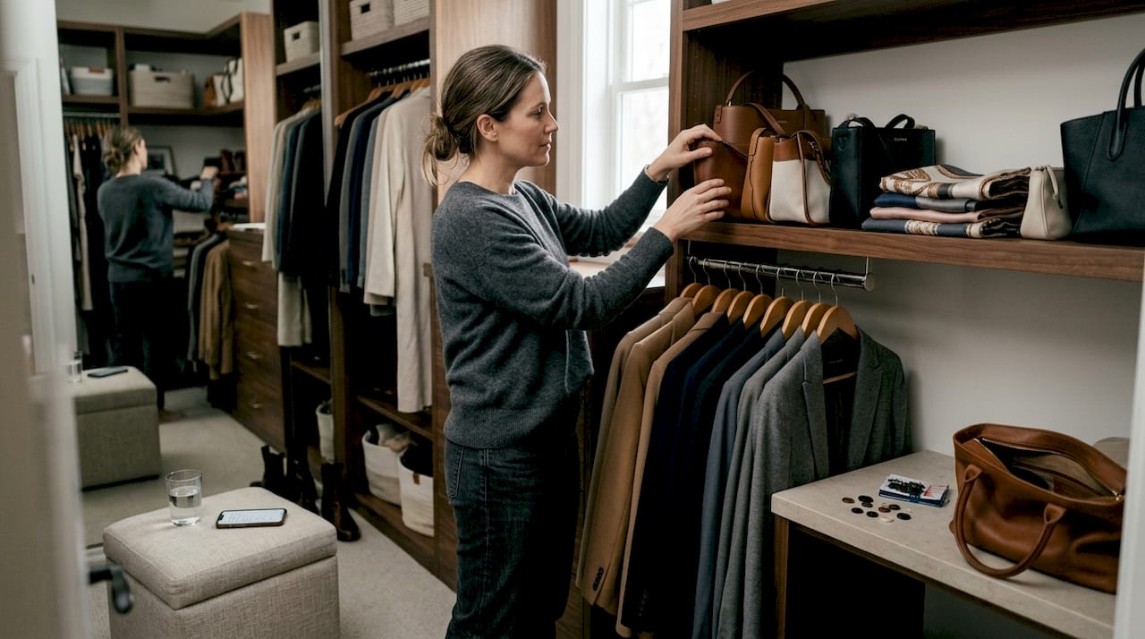Woman organizing designer accessories in closet