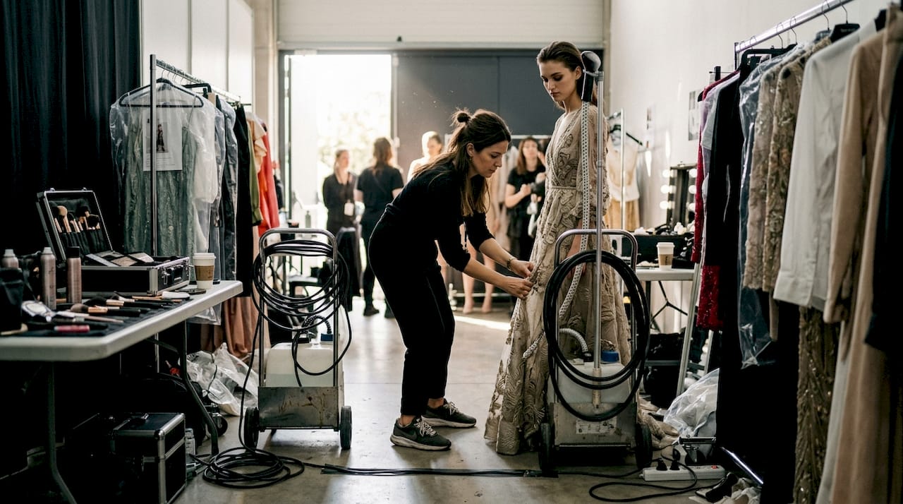 Backstage scene with stylist working on model