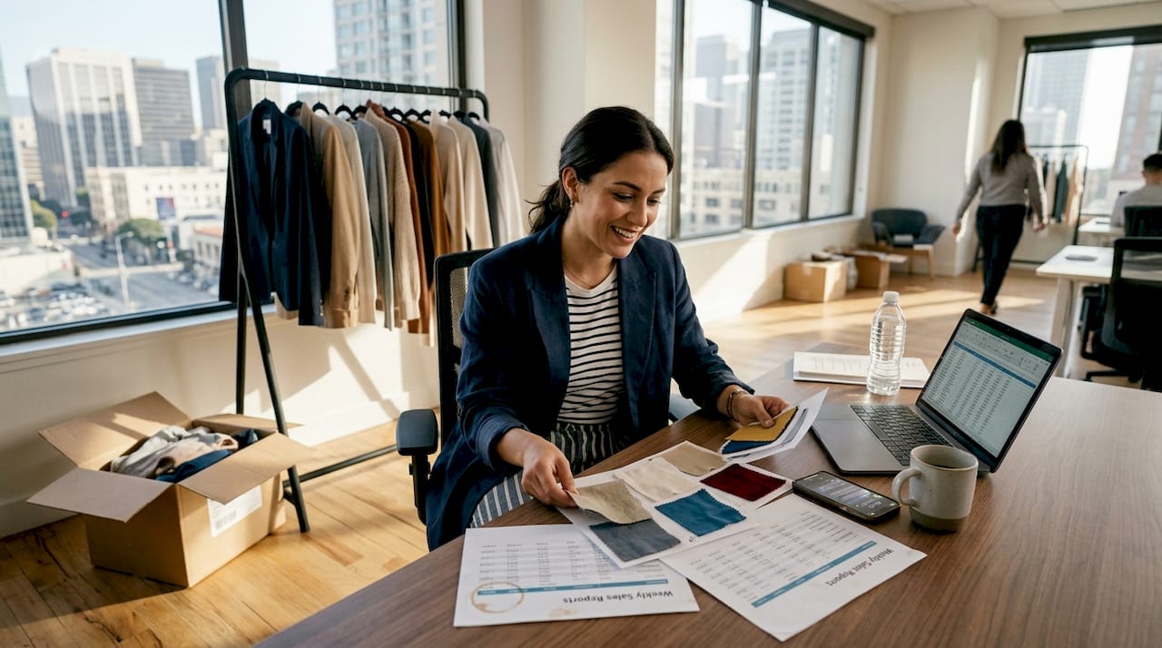 Fashion merchandiser reviewing swatches and sales reports