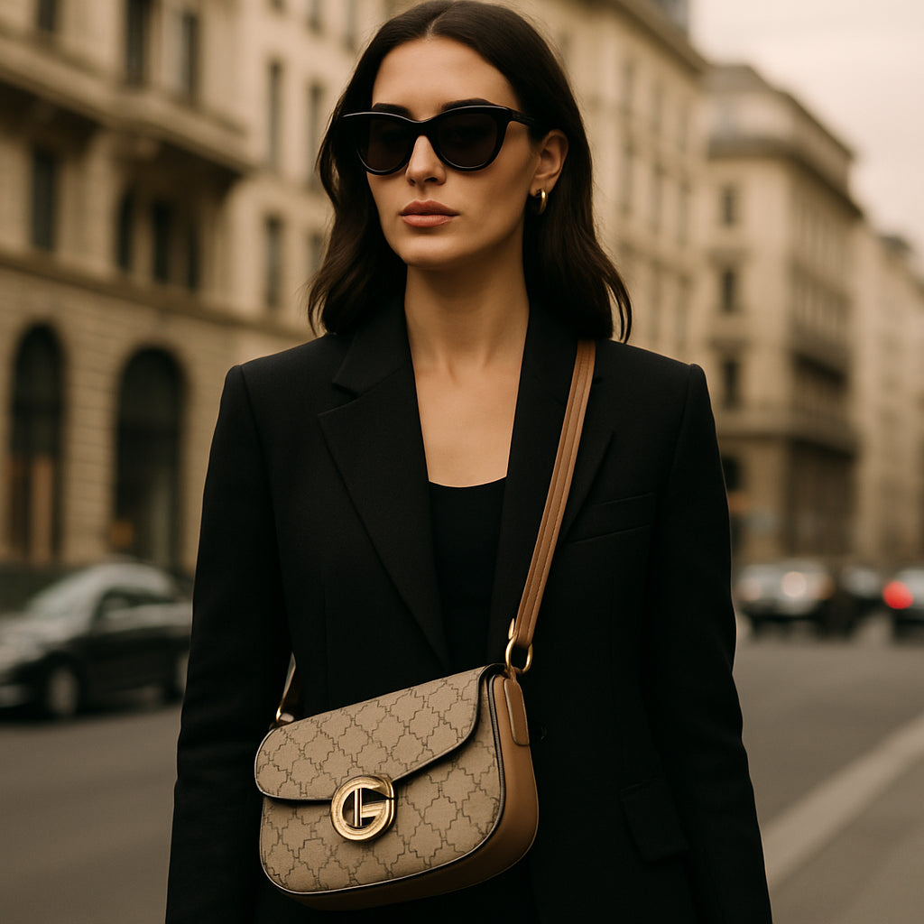 A stylish woman wearing a designer crossbody bag, showcasing the bag’s size and shape against a city backdrop. Alt: designer crossbody bags for women size and shape guide