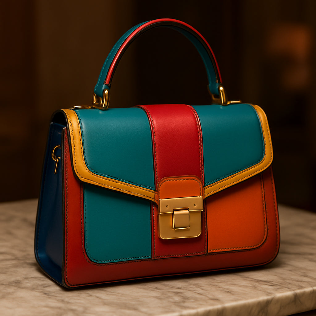 A luxurious, vibrant designer handbag displayed on a marble table, showcasing its colorful leather, stitched details, and metallic hardware. Alt: Colorful designer handbag with premium materials and craftsmanship.