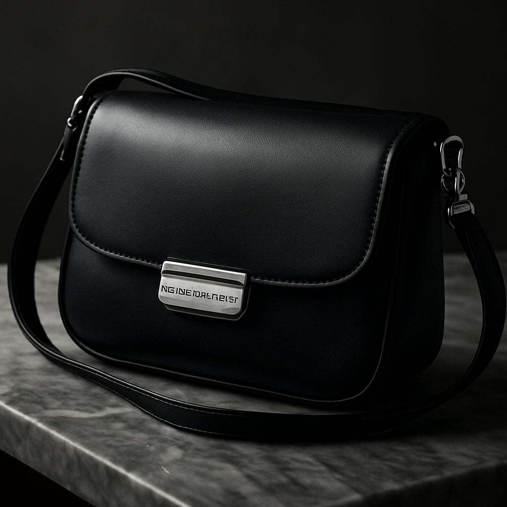 A sleek Alexander Wang crossbody bag draped over a marble table, showing its smooth leather texture and metal hardware. Alt: Alexander Wang crossbody bag design and craftsmanship.