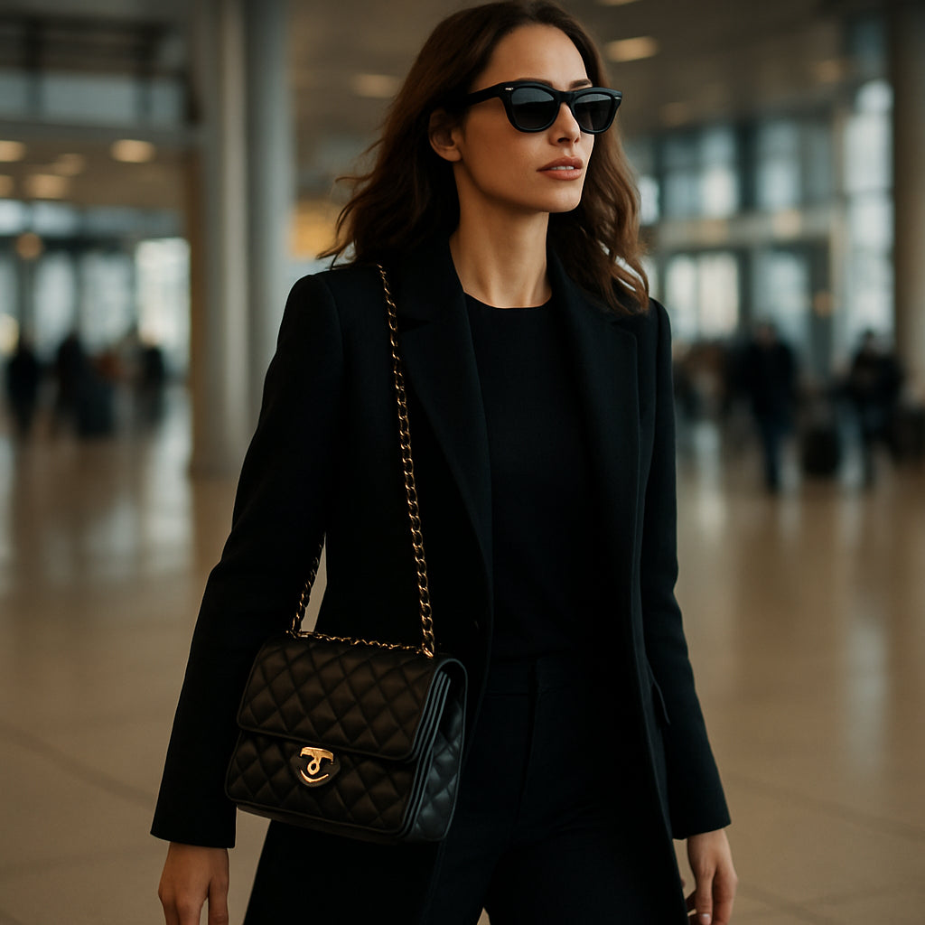 A stylish woman strolling through an airport terminal, wearing a Chanel Classic Travel Crossbody with the strap draped casually over her shoulder. Alt: Chanel Classic Travel Crossbody bag for travel, luxury, airport style