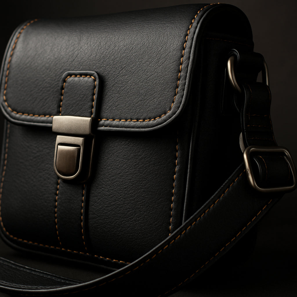 A close‑up of a handcrafted black full‑grain leather crossbody bag, showcasing detailed stitching, brushed metal hardware, and a padded adjustable strap. Alt: black leather crossbody bag designer craftsmanship details.