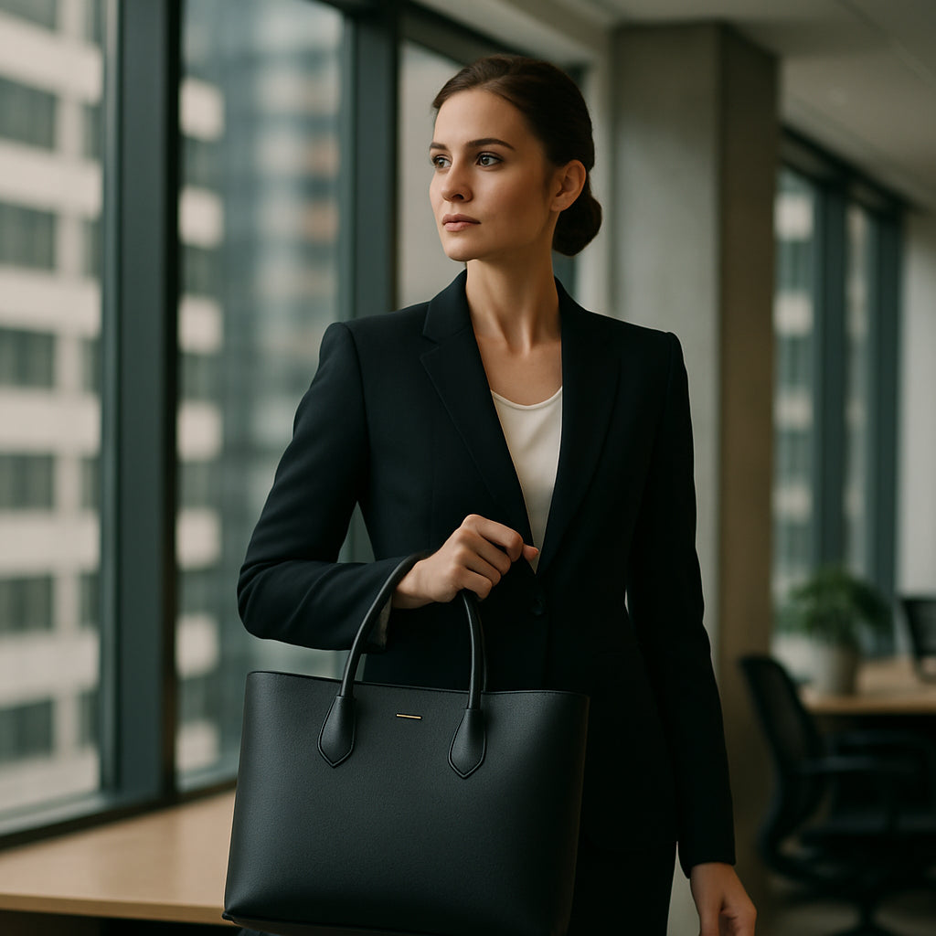 A stylish professional woman holding a sleek designer tote bag in a modern office setting. Alt: designer tote bags for work professional style