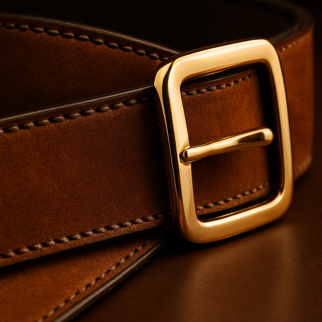 A close‑up of a luxury designer belt showing hand‑stitched leather edges, a polished gold buckle, and a soft suede surface. Alt: high‑quality designer belt craftsmanship details.