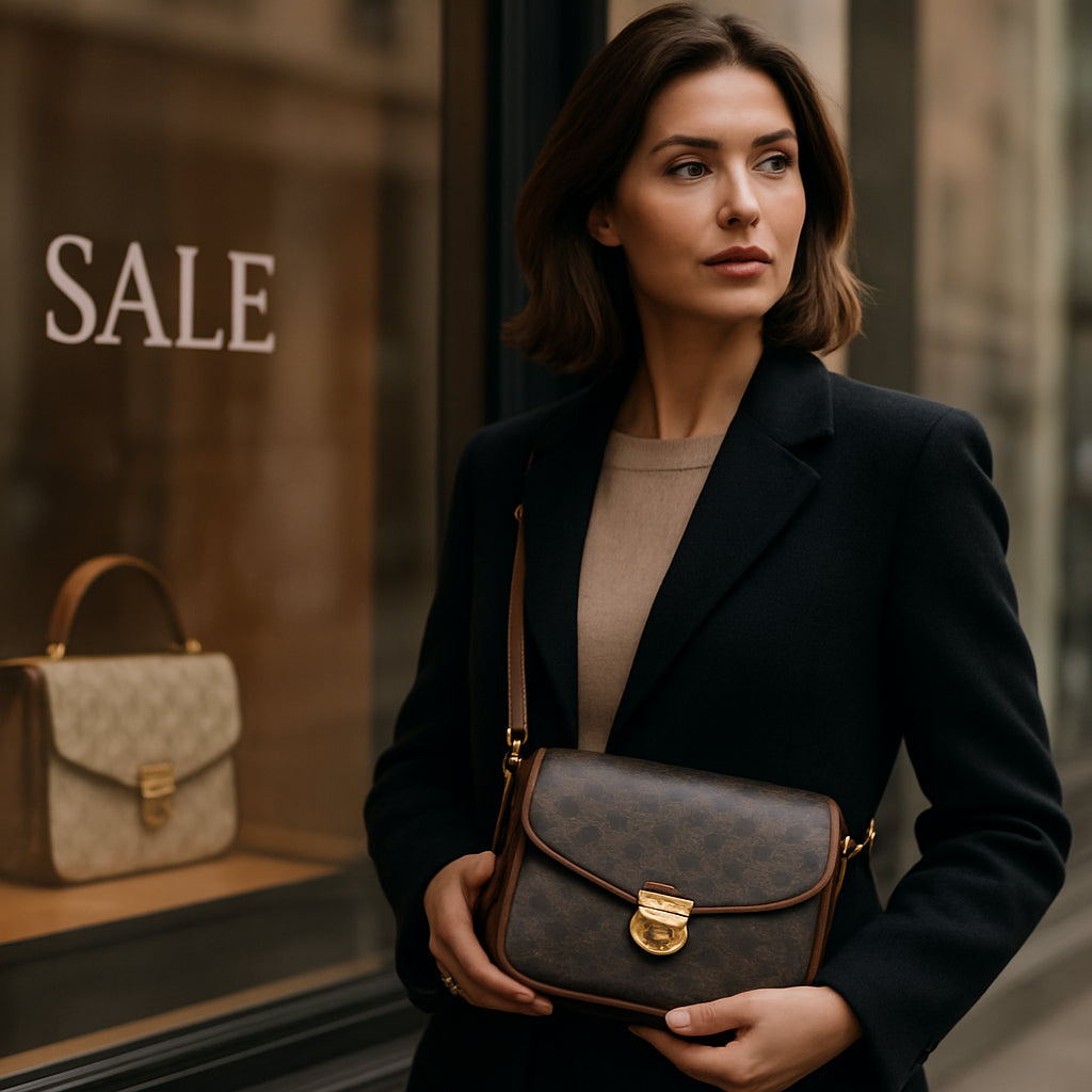 A stylish woman holding a genuine designer crossbody bag, standing near a boutique window with a subtle city backdrop. Alt: authentic designer crossbody bag on sale, luxury fashion shopping guide