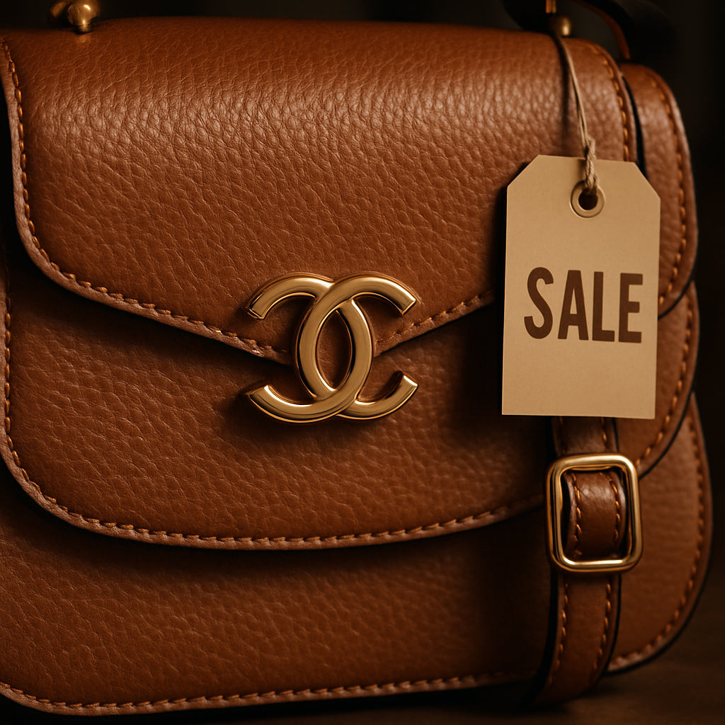 A high‑resolution close‑up of an authentic designer shoulder bag on sale, showing detailed stitching, branded hardware, and luxurious leather. Alt: authentic designer shoulder bag details.