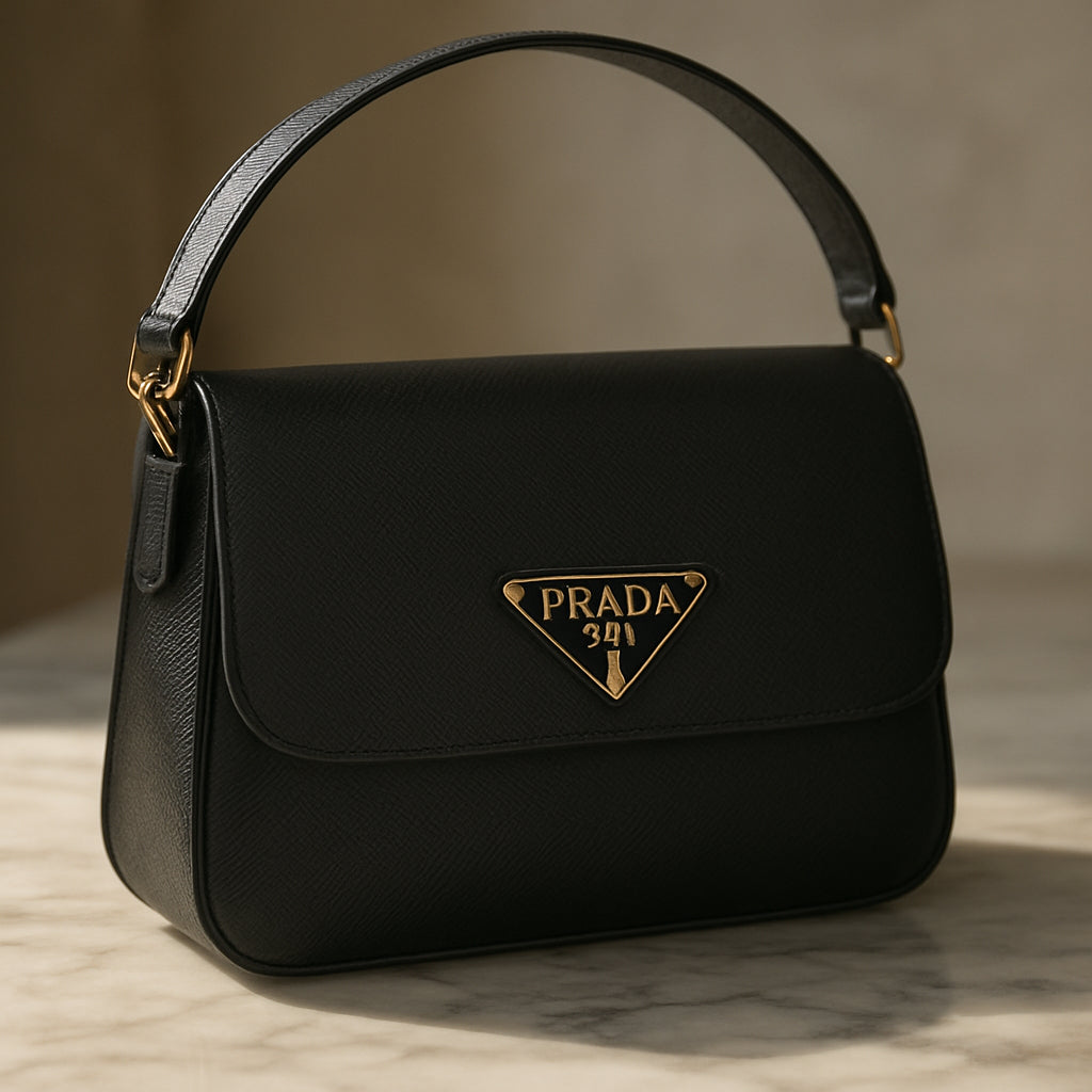 A high‑resolution photo of a Prada Classic Shoulder Bag on a marble countertop, soft natural light highlighting the Saffiano leather texture. Alt: Prada classic shoulder bag under $1000 luxury accessory
