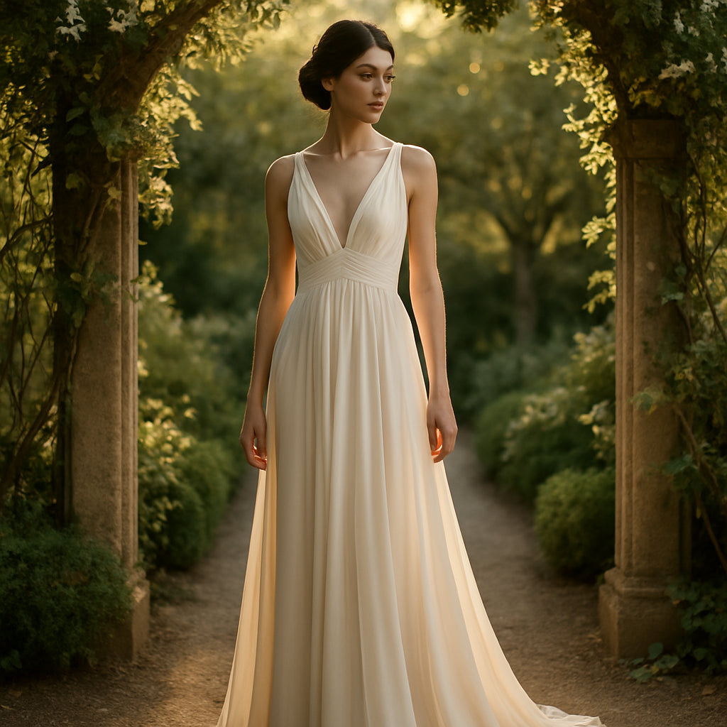 A graceful woman in a flowing ivory maxi gown standing under a garden arch, soft sunlight filtering through foliage, elegant wedding ambiance. Alt: Timeless designer gown for classic wedding guests