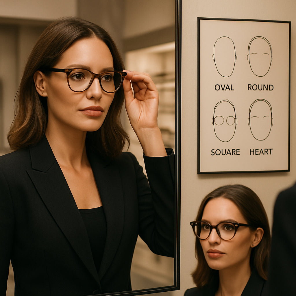 A stylish woman trying on designer eyeglasses in front of a mirror, highlighting different face shapes. Alt: designer eyeglasses for women face shape guide.