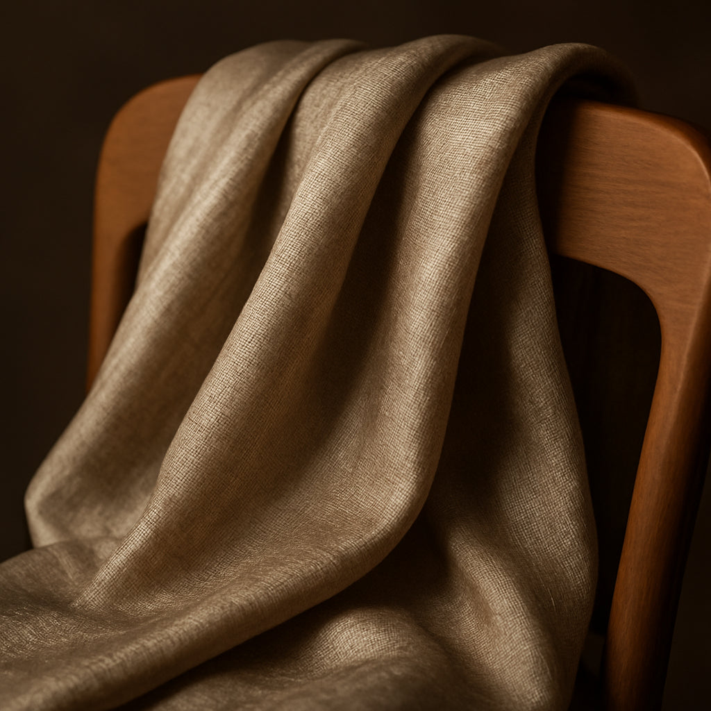 A close‑up of a hand‑loomed silk scarf draped over a wooden chair, showcasing the intricate weave and subtle sheen. Alt: luxury designer scarves for women handcrafted silk weave detail.