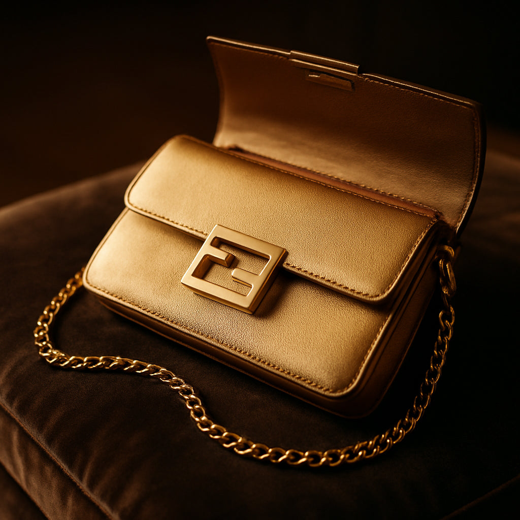 A high‑resolution photo of a luxurious gold designer clutch bag resting on a velvet cushion, showcasing its polished hardware, interior compartments, and detachable chain strap. Alt: gold designer clutch bag close‑up with elegant details.