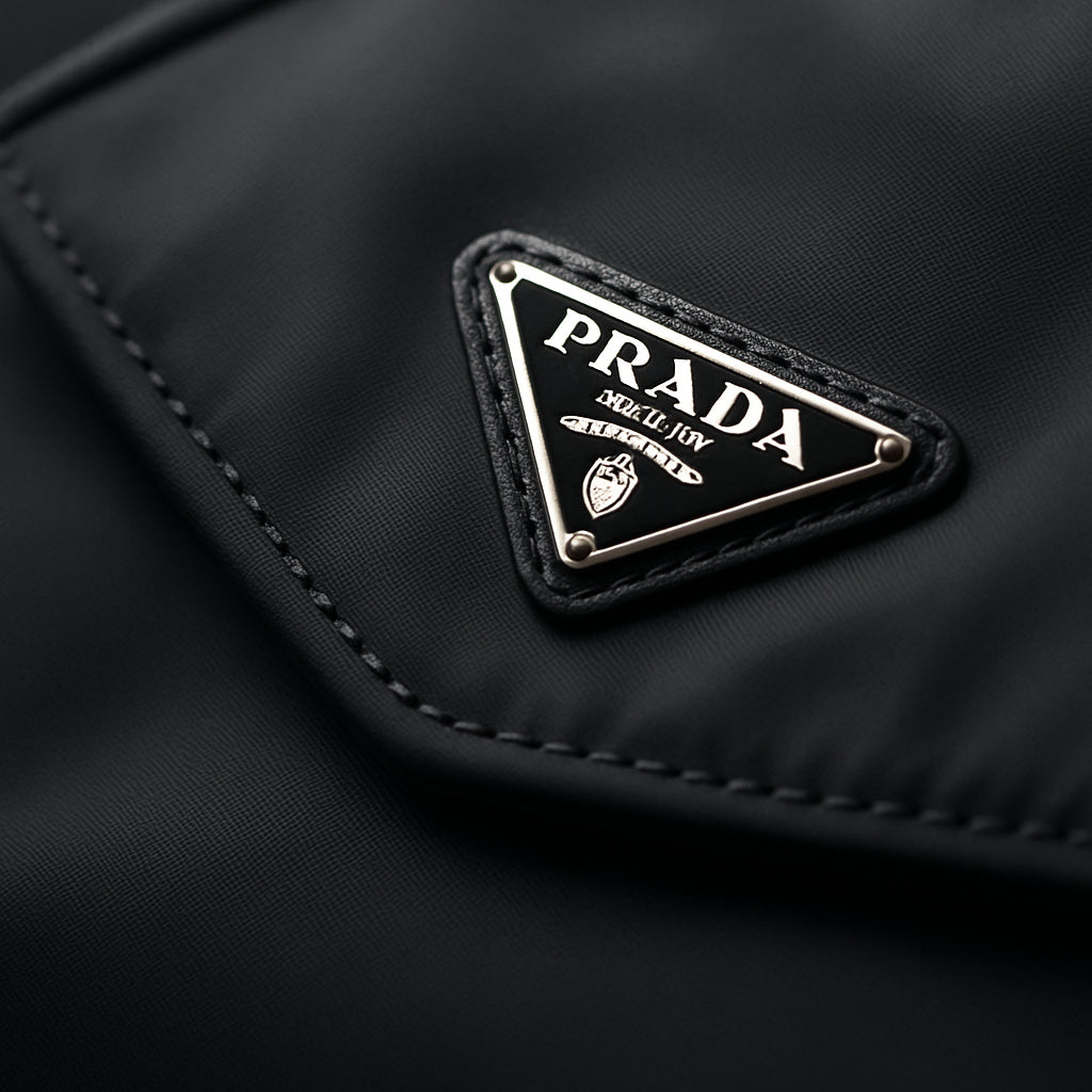 A close‑up of a Prada nylon bag showing the smooth nylon texture and precise stitching. Alt: Examining Prada nylon bag material and stitching for authenticity.