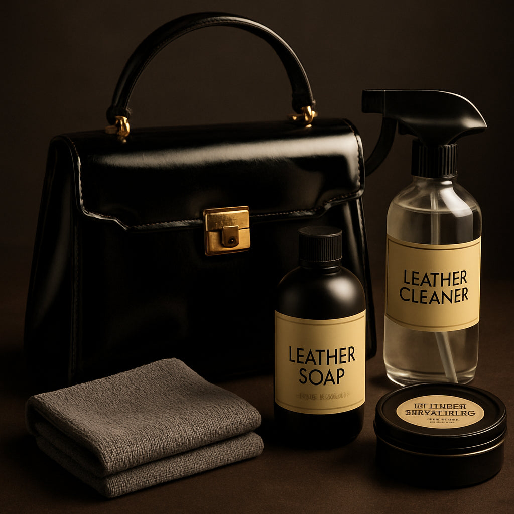 A close‑up of a designer patent leather bag surrounded by premium cleaning tools – microfiber cloth, soap bottle, spray bottle, and conditioner tin. Alt: "premium cleaning supplies for patent leather bag"