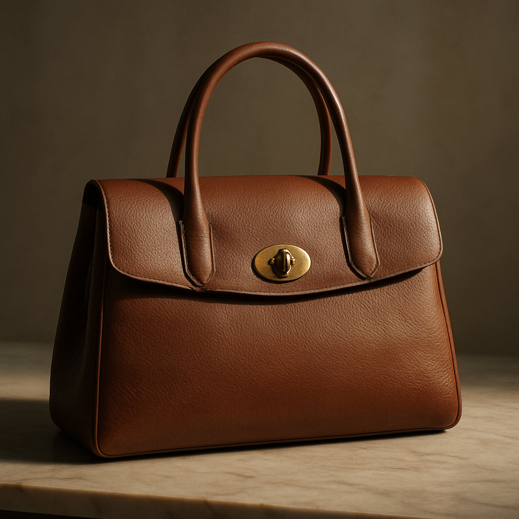 A luxurious leather handbag resting on a marble countertop, soft morning light highlighting its grain and subtle sheen. Alt: Cleaned leather bag ready for conditioning, showcasing premium leather texture.