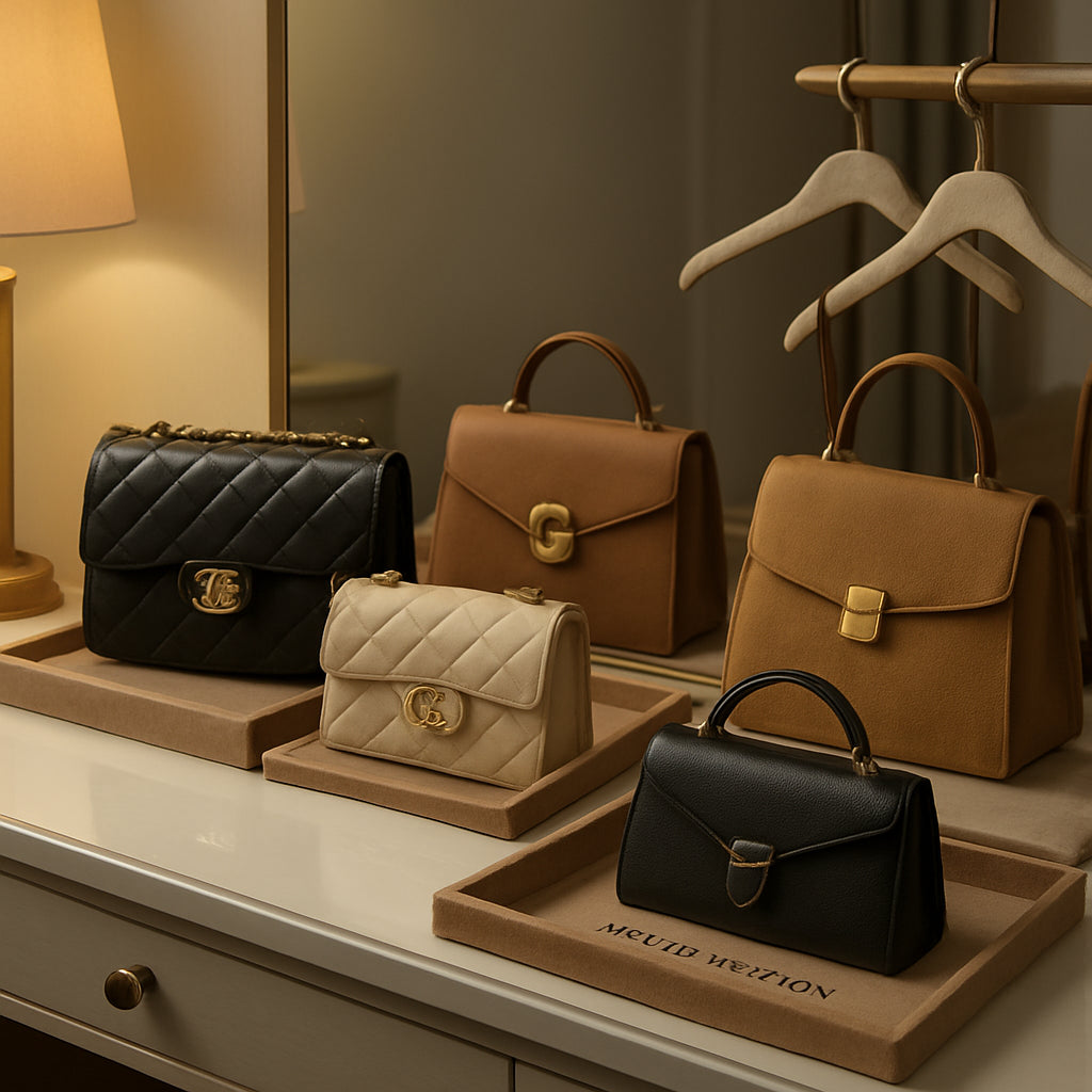 A stylish, well‑lit vanity table with an array of luxury handbags neatly arranged on velvet trays, dust bags, and padded hangers. Alt: Assessing a luxury handbag collection for proper storage.