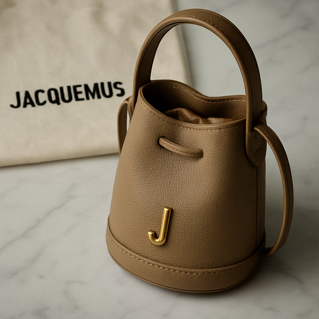 A high‑resolution close‑up of a Jacquemus mini bucket bag on a marble tabletop, showing the signature L hardware, subtle tonal lining, and a dust‑bag with the brand logo. Alt: Jacquemus bag on sale, authentic details, luxury accessory.